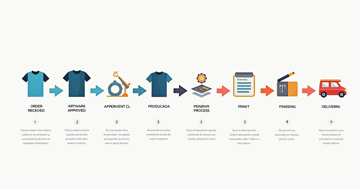 Linha do tempo visual do processo de produção de camisetas, do recebimento do pedido à entrega 