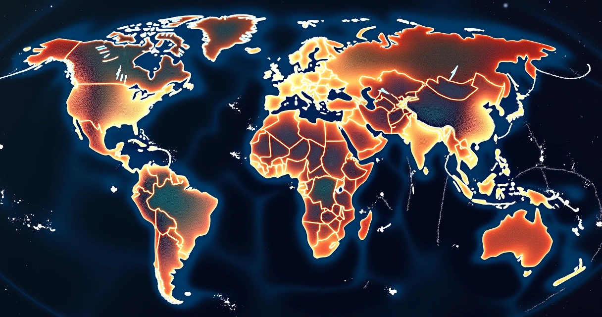 Linhas de astrocartografia coloridas traçadas sobre um mapa mundi