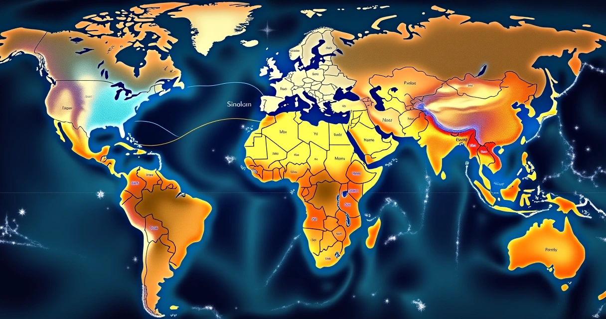 Mapa mundi com linhas planetárias coloridas cruzando diferentes continentes. 