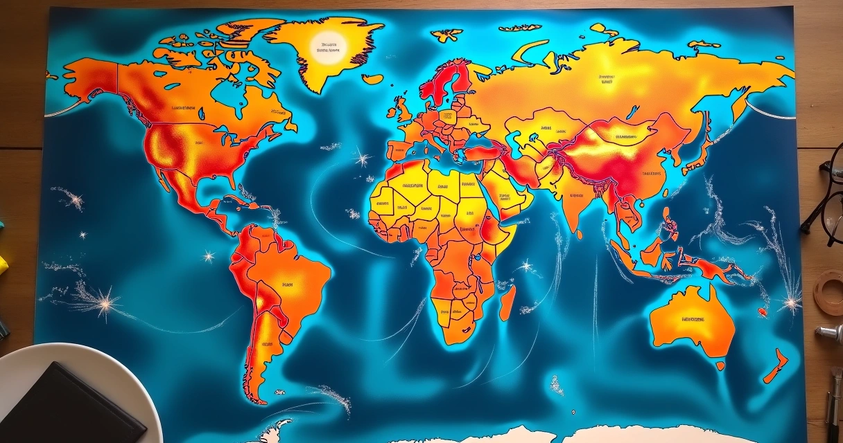 Linhas planetárias em um mapa mundial de astrocartografia 