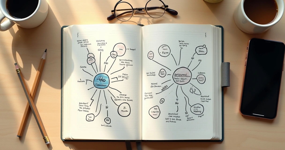 Caderno com mapa de conexões profissionais e familiares
