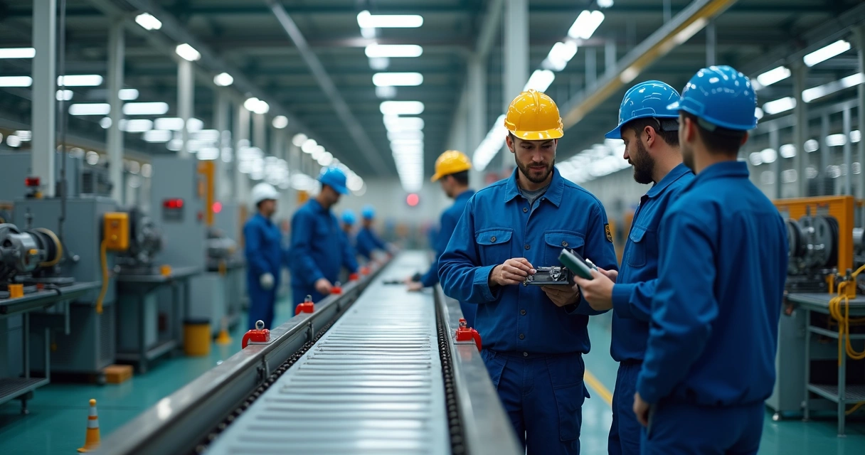 Linha de produção industrial parada com equipe de manutenção ao redor 