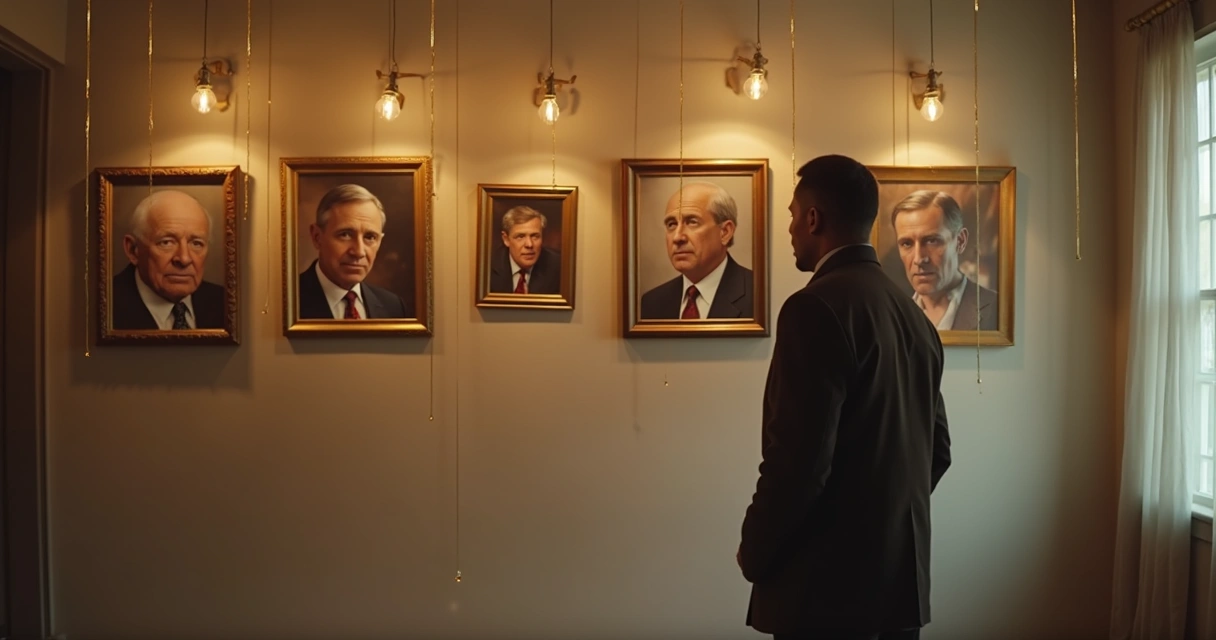 Pessoa observando retratos de gerações ligados por linhas simbólicas 