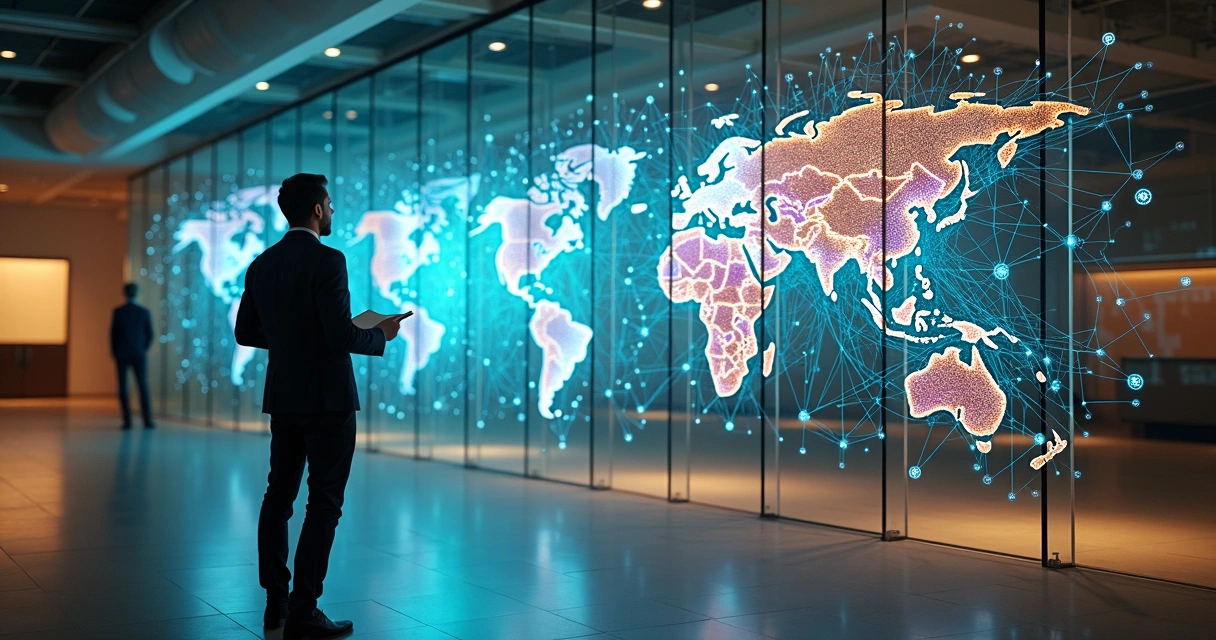 Profissional olhando instalação de linhas coloridas conectando cidades do mundo 