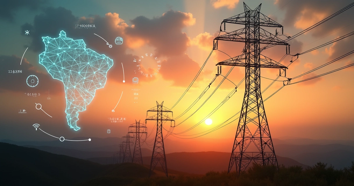 Torres de transmissão de energia com ícones digitais e mapa do Brasil ao fundo 