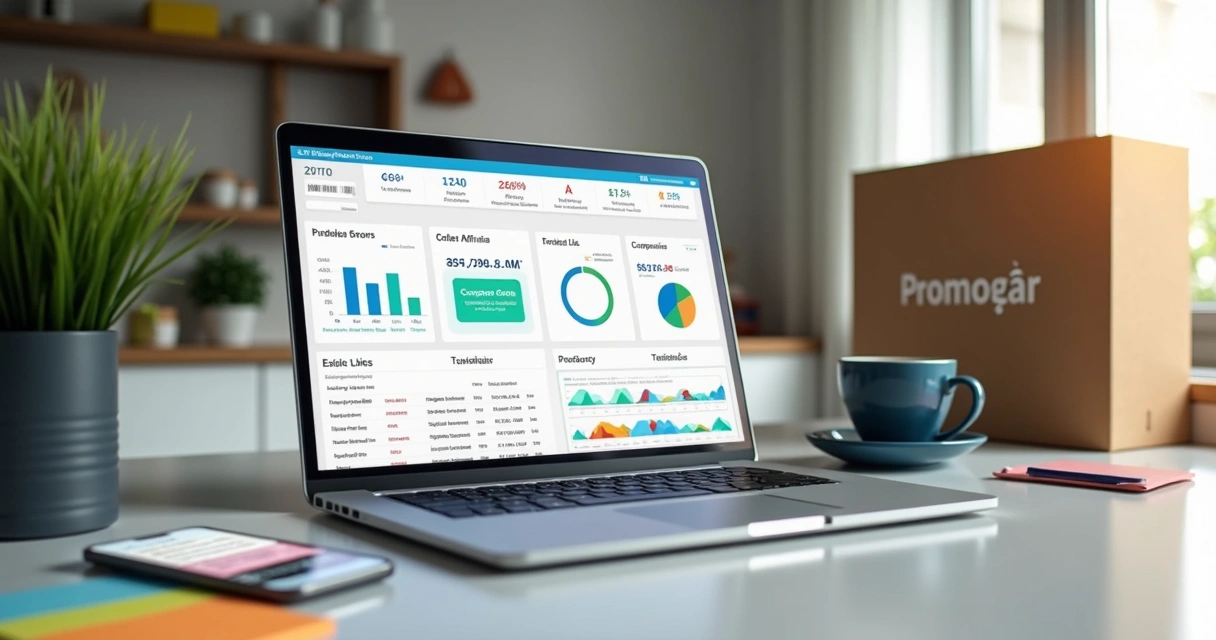 Computador exibindo painel de vendas com gráficos de afiliados e cupons 