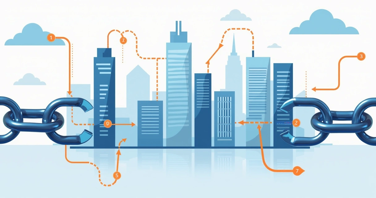 Vários prédios digitais conectados por cadeias de elos 