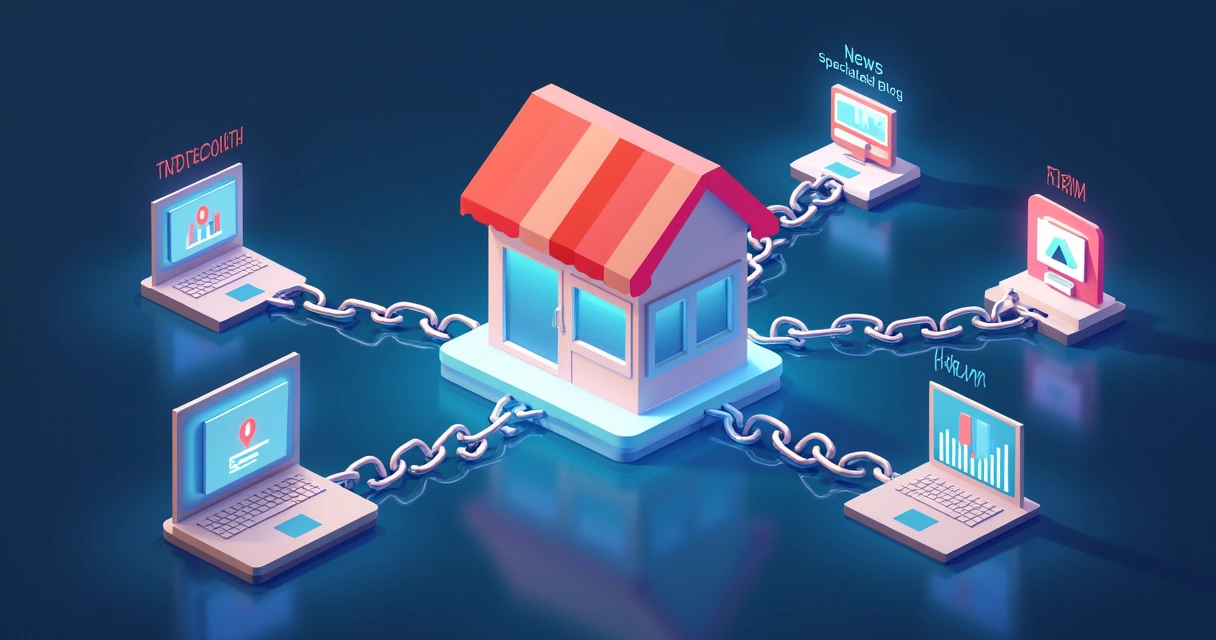 Ilustração de loja virtual com links apontando de vários sites confiáveis 