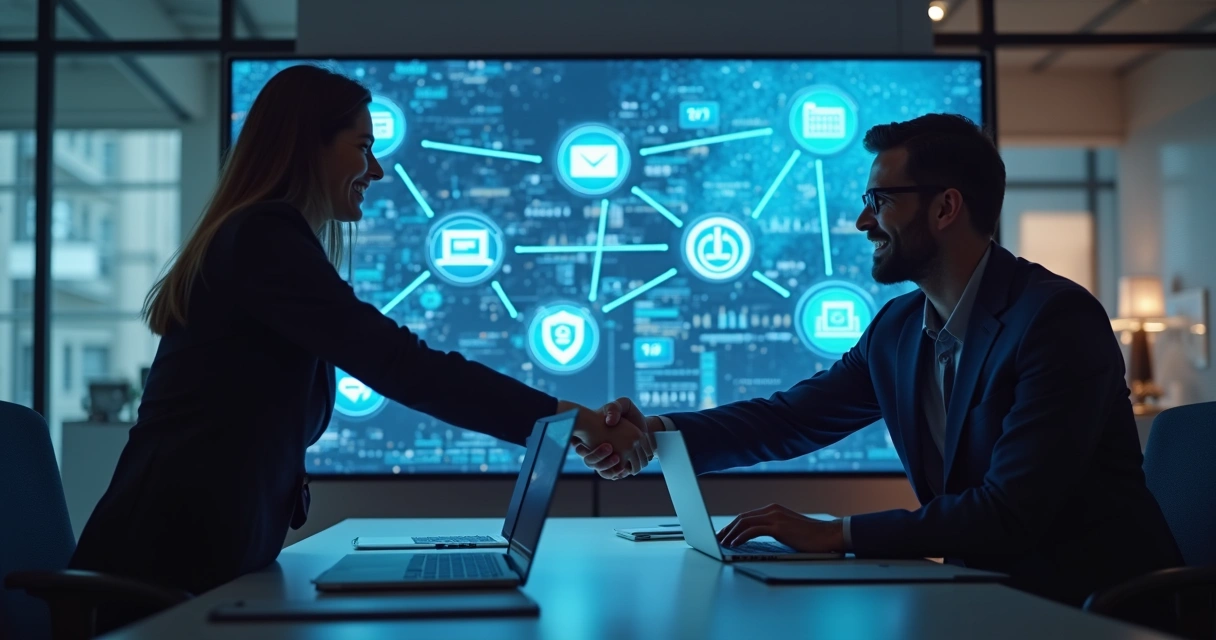 Ilustração de duas equipes digitais colaborando e conectando sites com setas que indicam links entre páginas. 