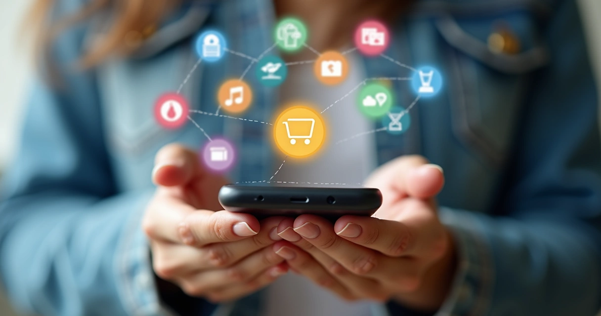 Mulher mostrando tela de celular com link de afiliado e vários ícones de produtos 