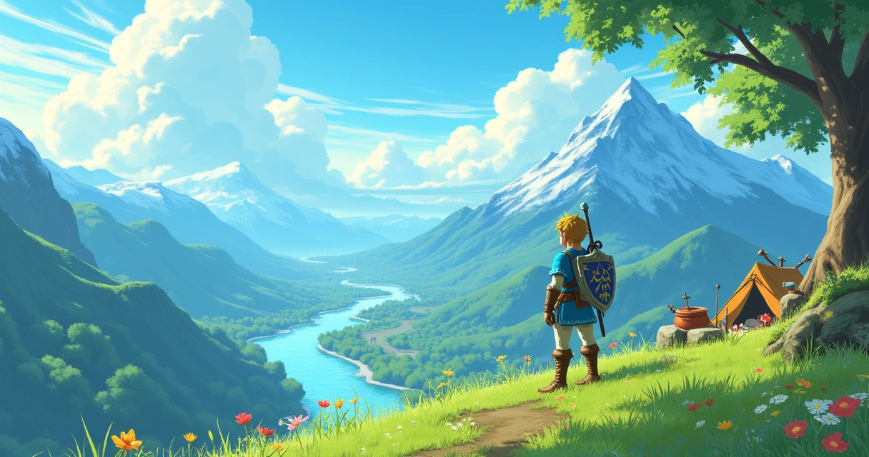 Link em uma montanha com paisagem vibrante de Hyrule, floresta, rios e elementos de culinária.