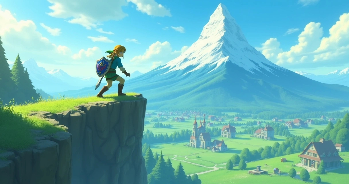 Link escalando uma montanha em Hyrule com uma floresta e uma vila ao fundo, atmosfera mágica e colorida.