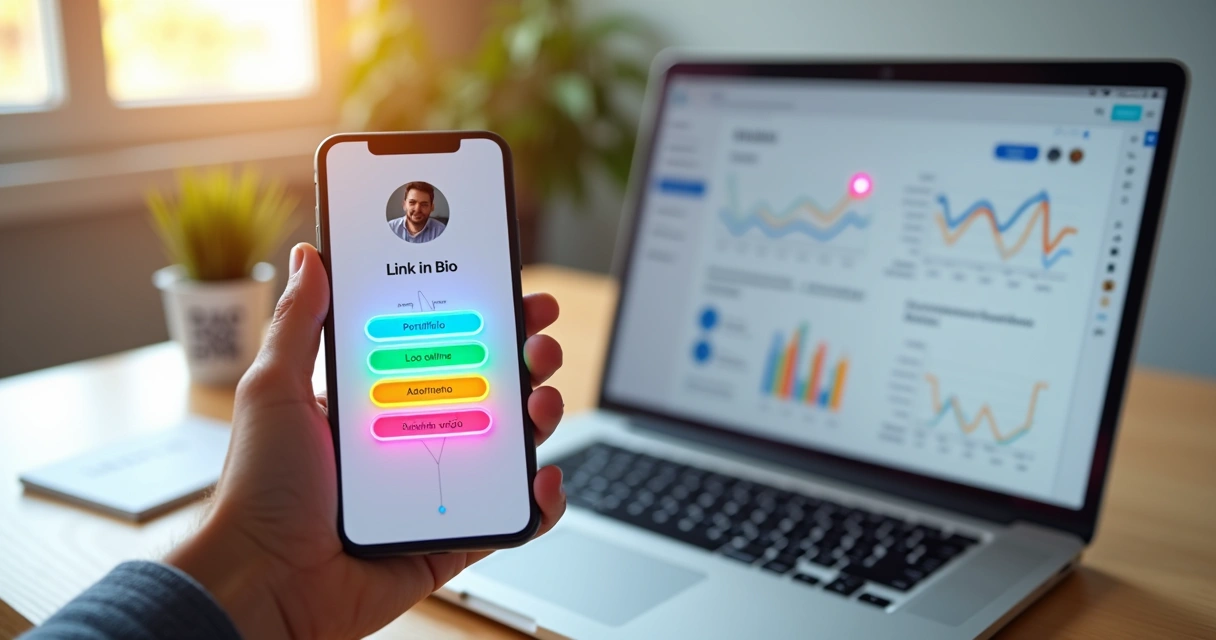 Tela de celular mostrando página de link na bio com vários botões coloridos conectados a gráficos em um notebook ao fundo 