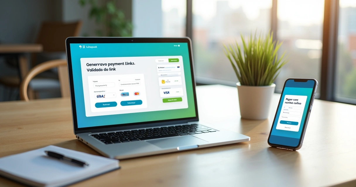 Empresária gerando link de pagamento com cartão de crédito no notebook e celular 