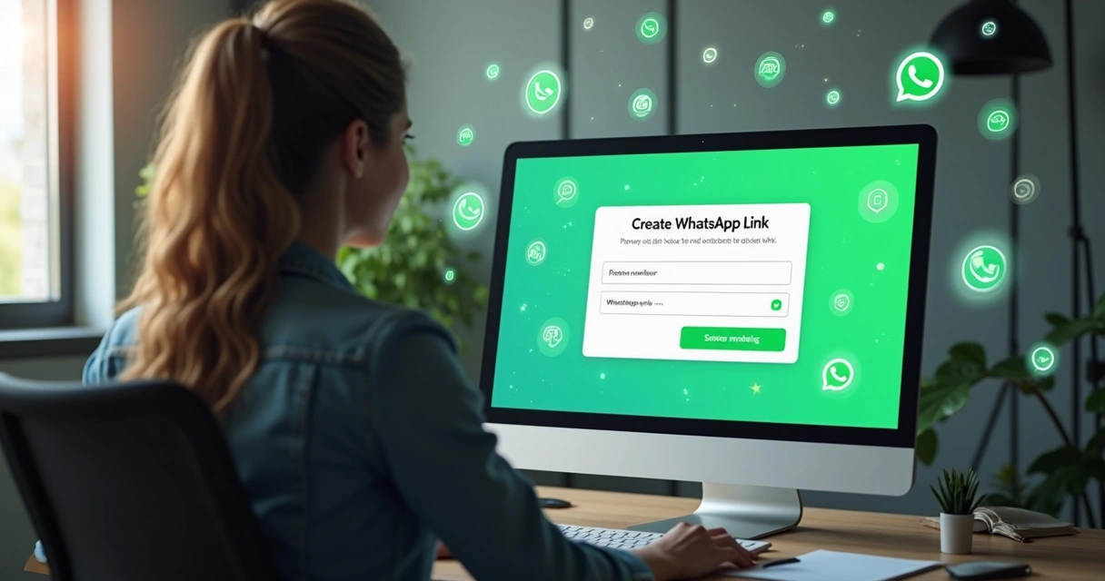 Pessoa criando link do WhatsApp no computador, com tela exibindo campos para personalização da mensagem e número 