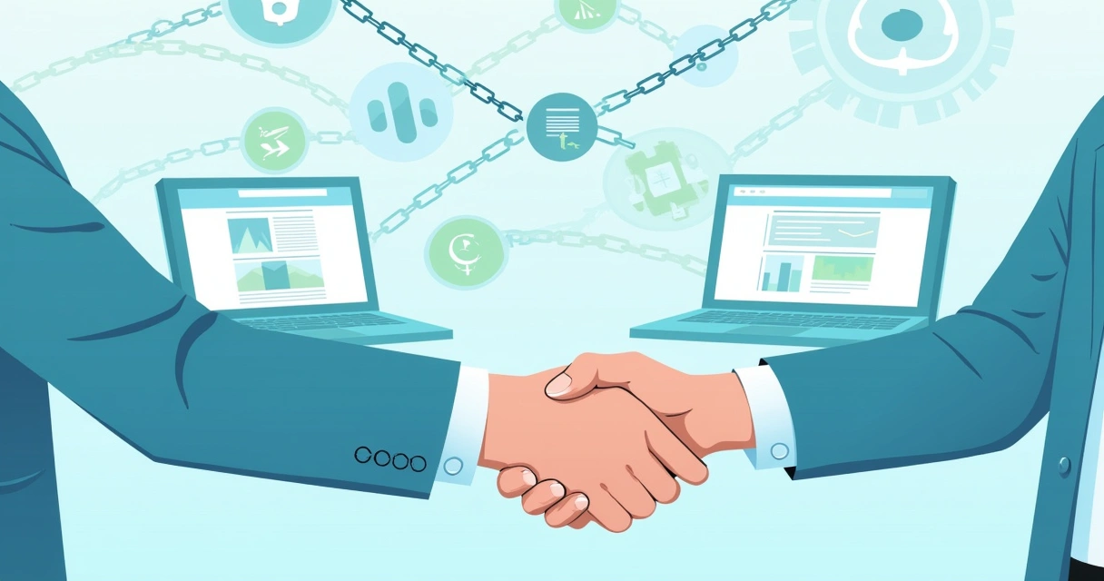 Parceria ilustrada por handshake e links em tela 