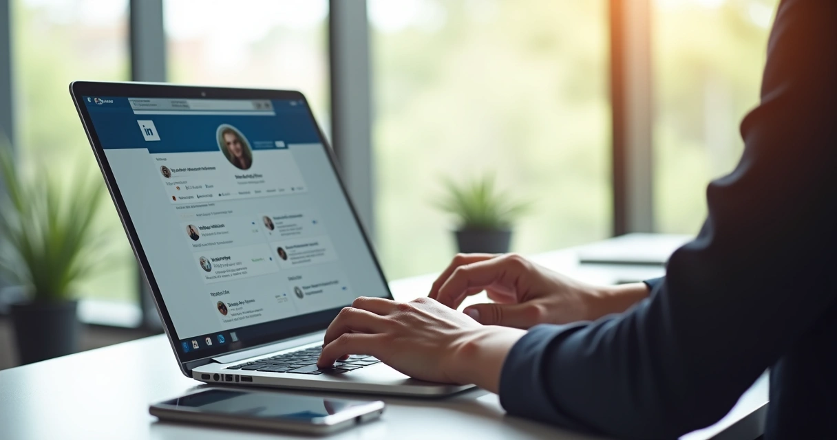 Pessoa atualizando perfil no LinkedIn em notebook 