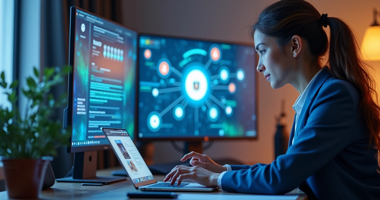 Personagem interagindo com LinkedIn, e-mail e monitor exibindo evento online 