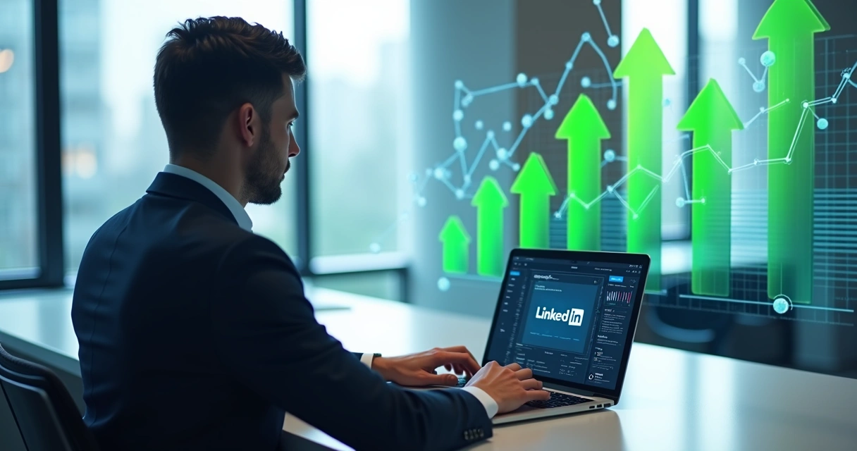 Profissional usando computador com interface do LinkedIn e gráficos de crescimento ao fundo 
