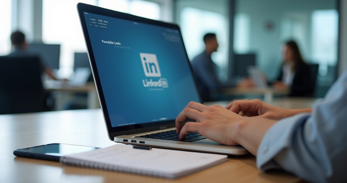 Gestor de PME usando notebook com LinkedIn aberto em ambiente de escritório moderno 