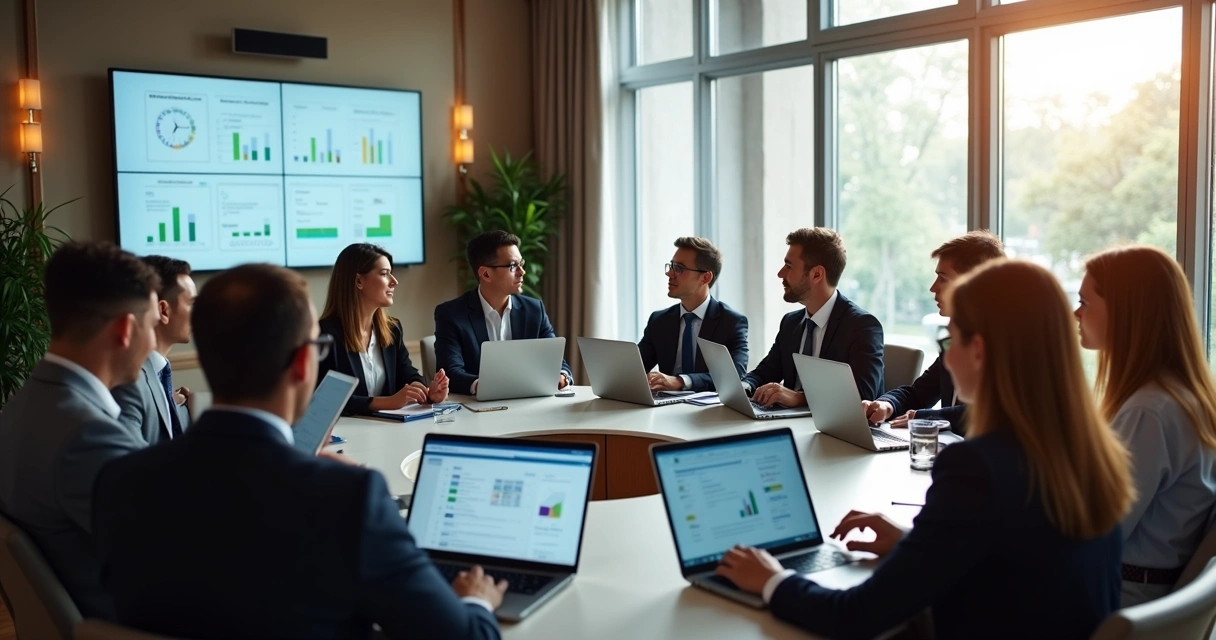 Profissionais conversando ao redor de uma mesa redonda em ambiente moderno, com notebooks e gráficos ao fundo 