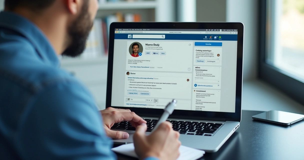 Perfil do LinkedIn sendo analisado por recrutador americano na tela do laptop