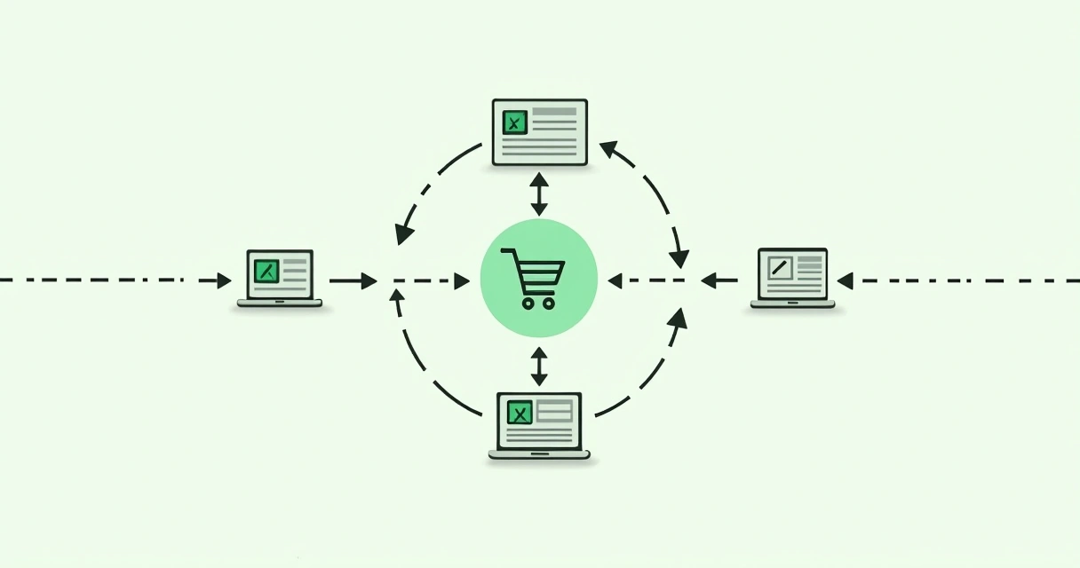 Ilustração de links internos conectando produtos e categorias 