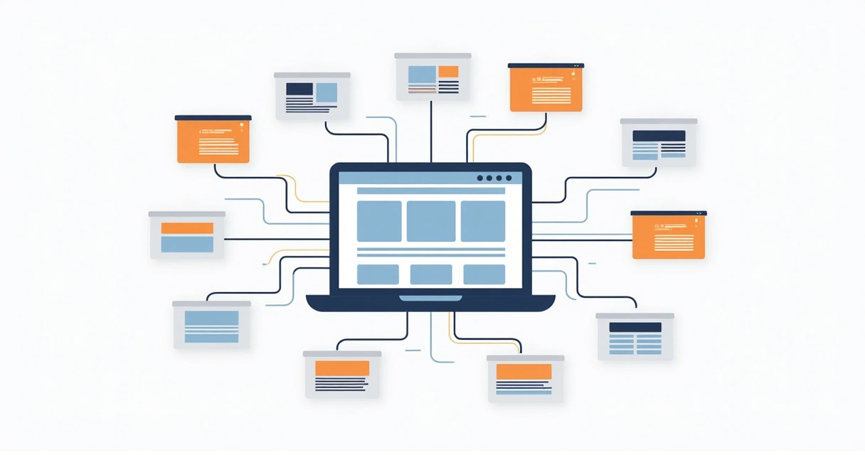 Rede de páginas de site conectadas por linhas internas 