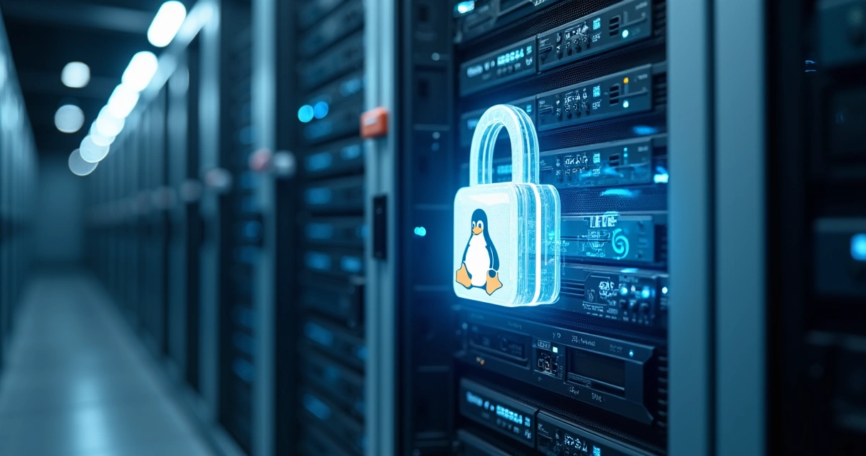 Servidor Linux no data center destacado com cadeado digital