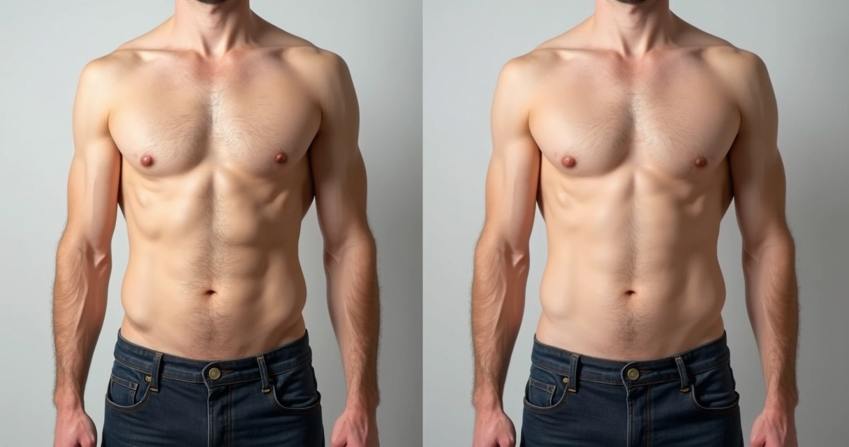 Lipoaspiração masculina abdominal antes e depois, mostrando corpo masculino definido