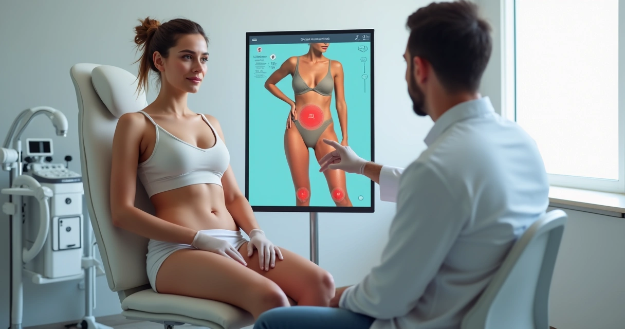 Paciente em consulta médica exibindo corpo tonificado com área destacada para lipoaspiração em clínica moderna 