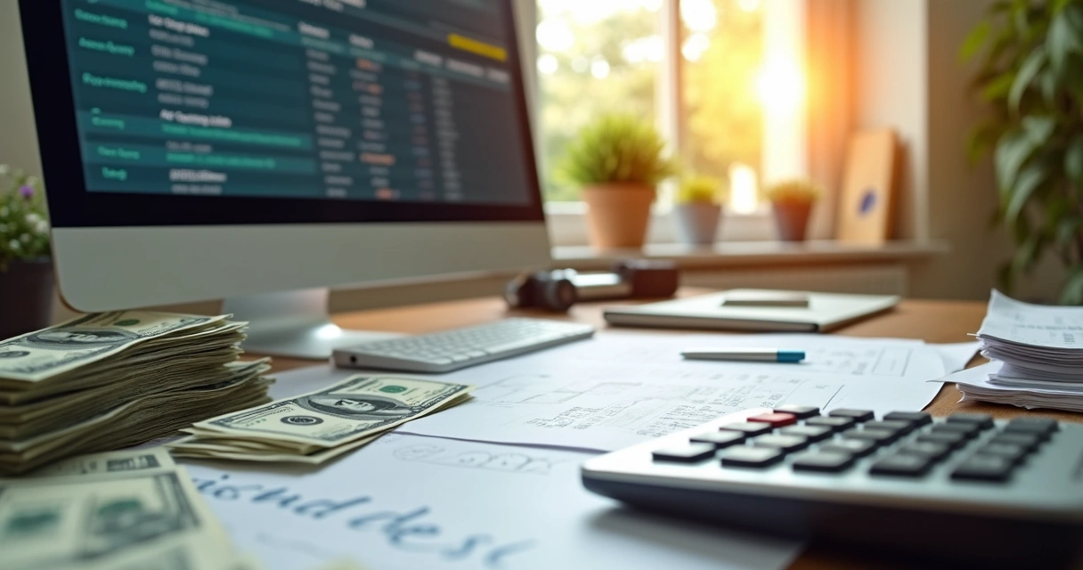 Stacks of cash and financial documents with calculator on desk 