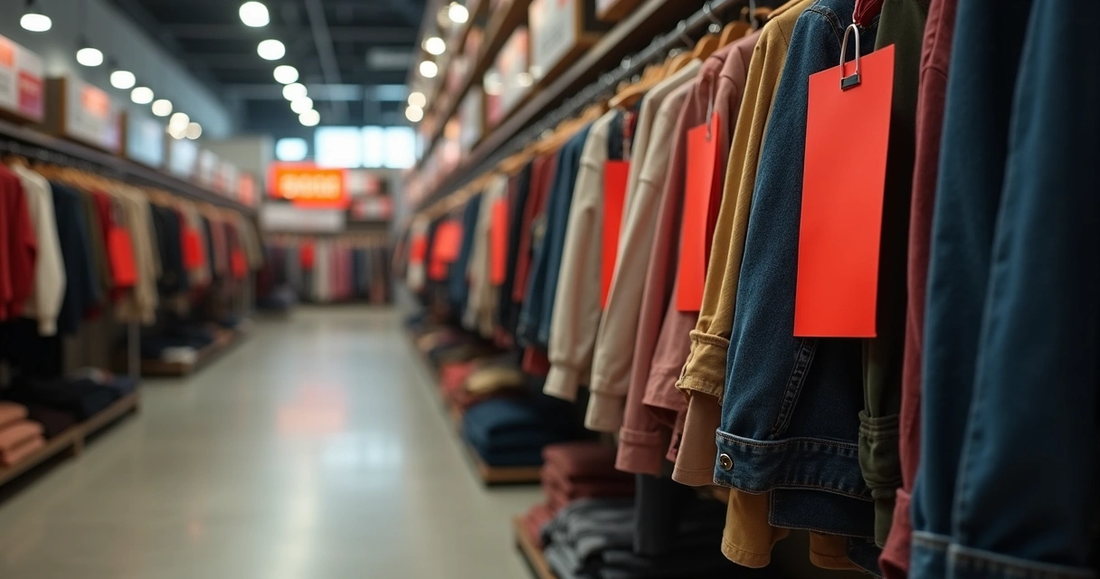 Arara de roupas com etiquetas de liquidação e pouca movimentação na loja 