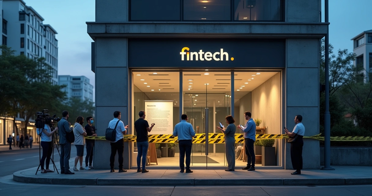 Fachada de prédio financeiro médio com fita de interdição e imprensa na porta 