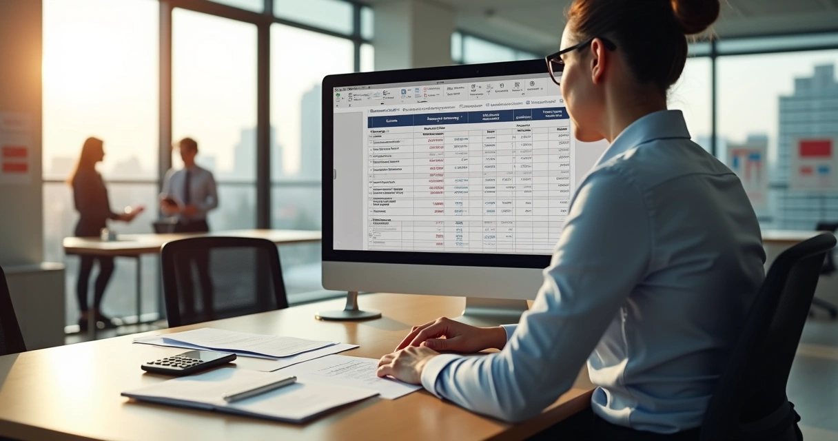Empleada de recursos humanos revisando liquidación final en Paraguay en oficina moderna 