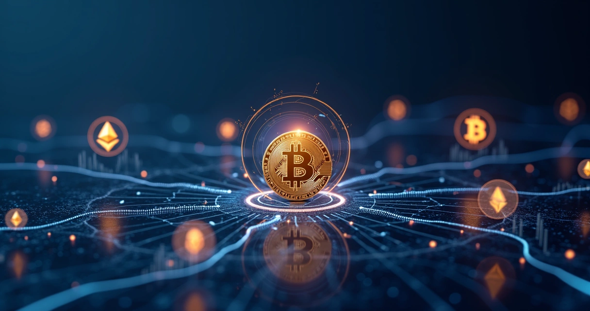 Ilustração de algoritmos financeiros conectando diferentes ativos digitais 