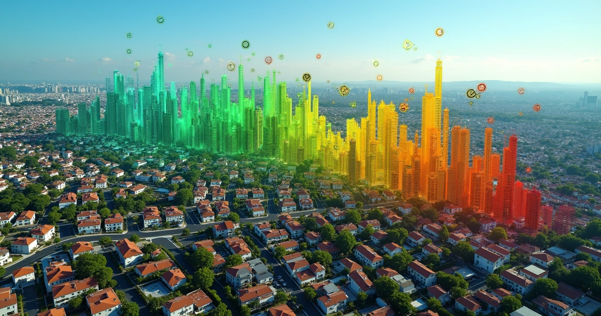 Vista aérea de uma área urbana com casas e prédios destacados por clusters de cor mostrando liquidez dos imóveis 