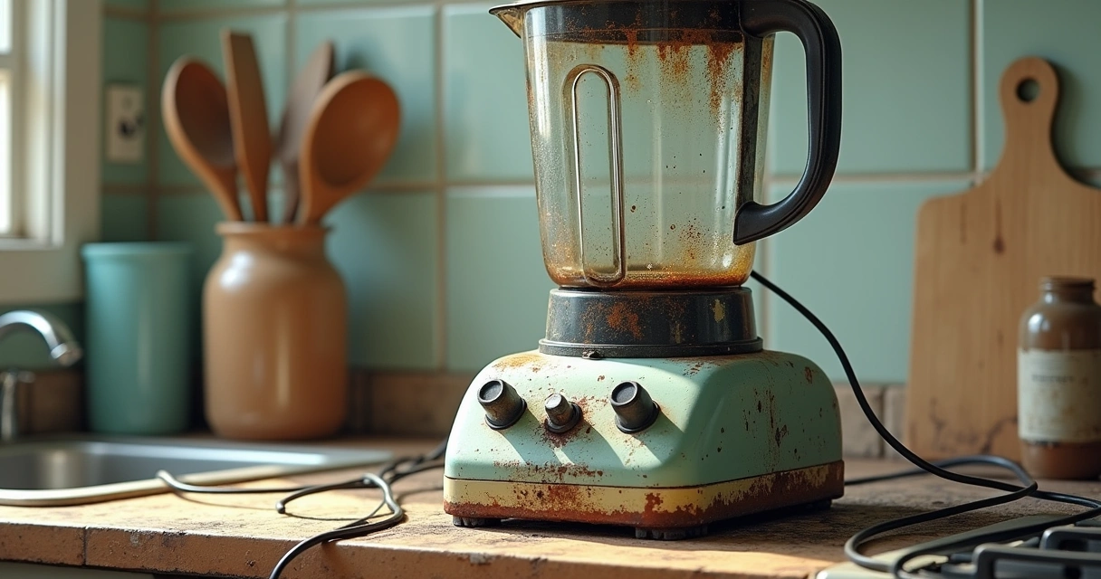 Liquidificador antigo com fios danificados na cozinha 