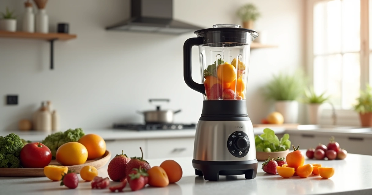 Liquidificador moderno em bancada de cozinha 