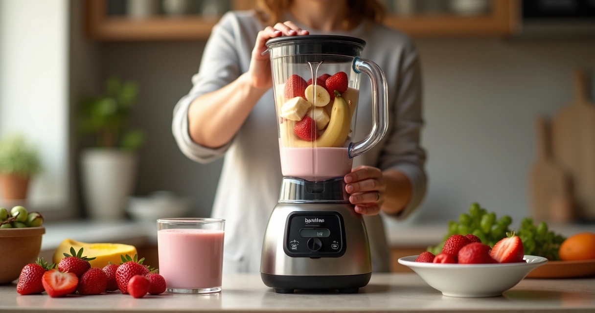 Pessoa utilizando um liquidificador para preparar vitamina de frutas. 