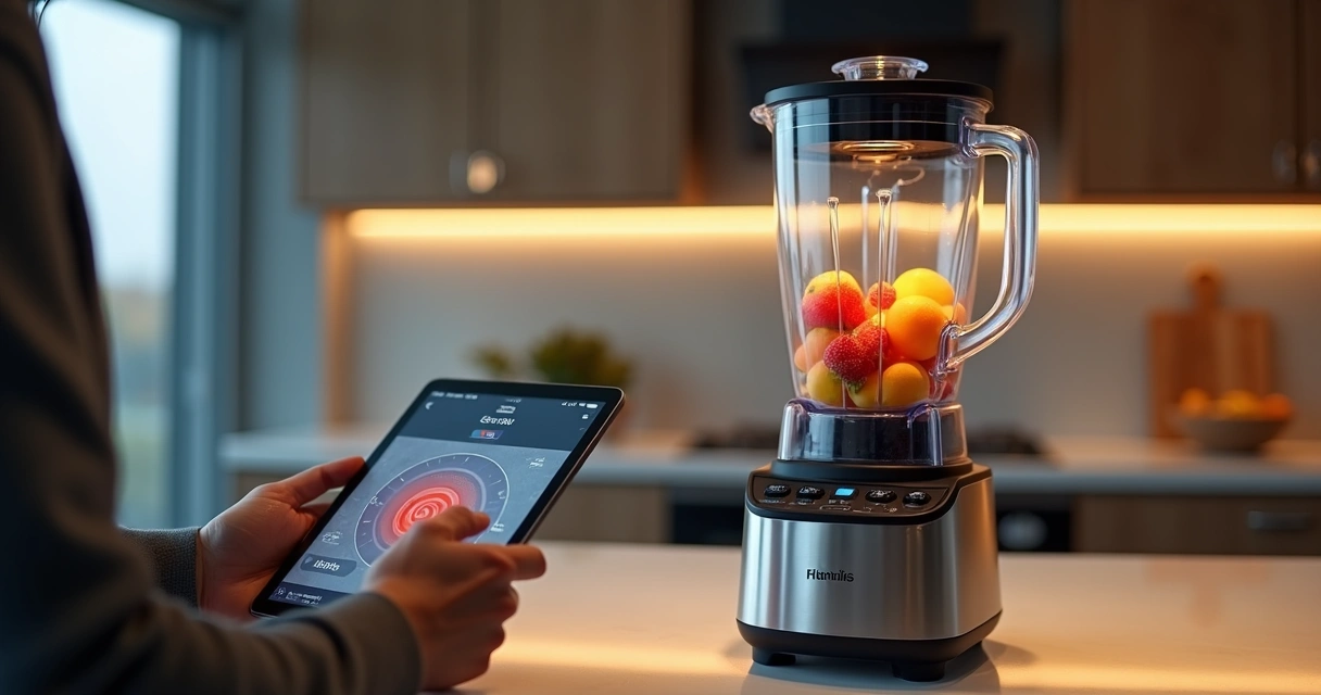 Pessoa programando liquidificador smart por aplicativo em tablet 