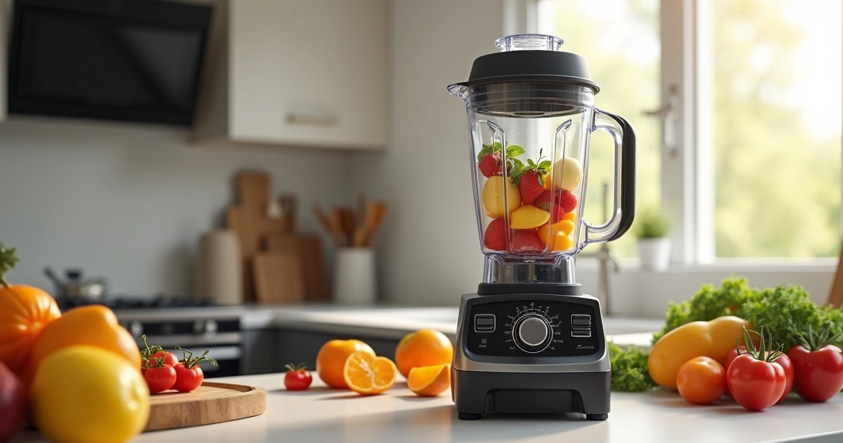 Liquidificador potente processando frutas na cozinha 