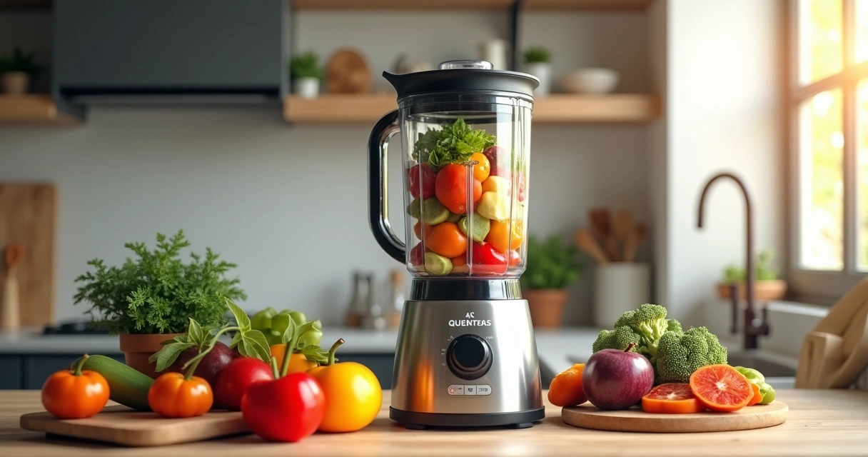 Liquidificador de alta potência em bancada de cozinha ao lado de ingredientes frescos 