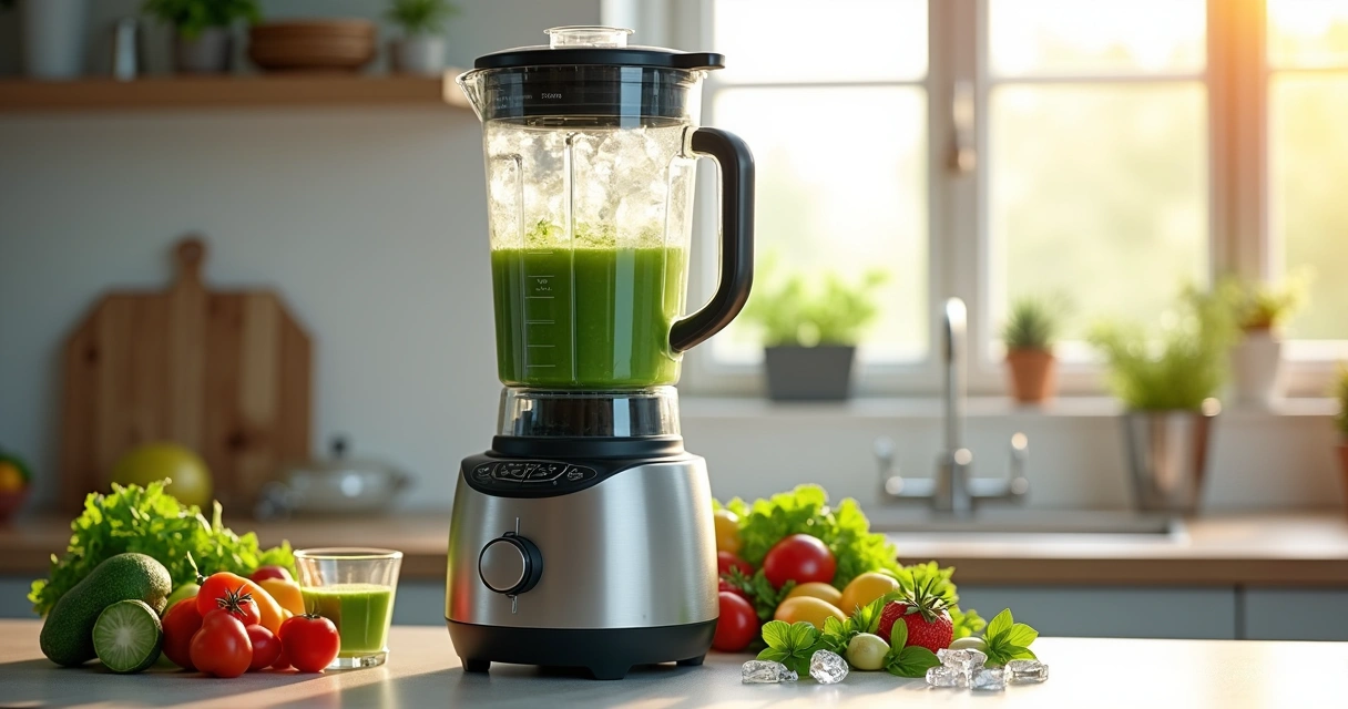 Liquidificador profissional ao lado de ingredientes em bancada de cozinha moderna 