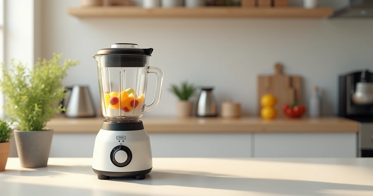 Liquidificador simples sobre bancada de cozinha residencial claro 