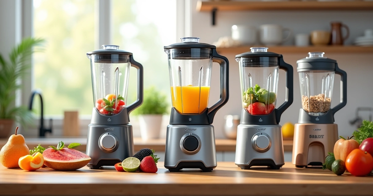 Diferentes liquidificadores em uma bancada de cozinha 