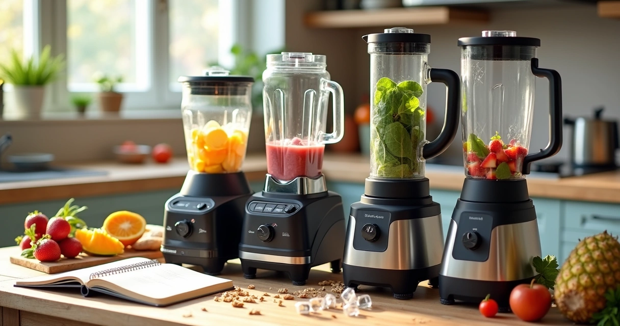 Vários modelos de liquidificador lado a lado cheios de ingredientes coloridos 