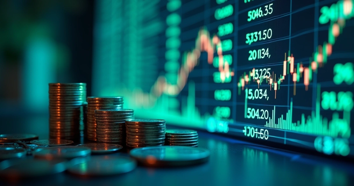 Stacked coins and digital order book with rapid trading activity 