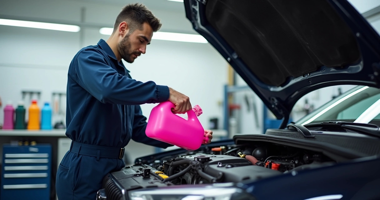Mecânico colocando líquido de arrefecimento no radiador de um carro aberto 