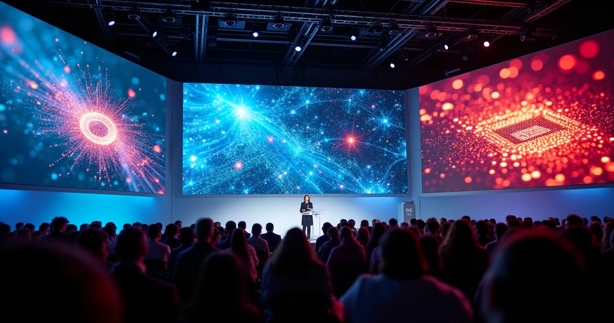 CEO Lisa Su apresentando no palco com fundo tecnológico 